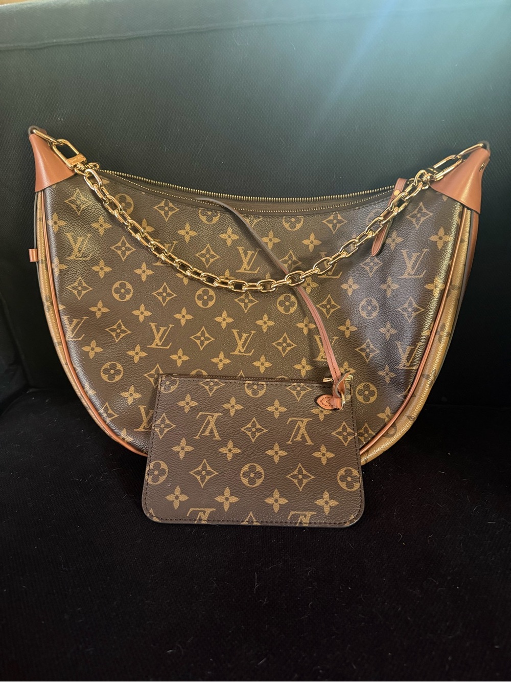 Louis Vuitton Monogram Crescent Shoulder Bag with Chain Strap in Brown and Gold